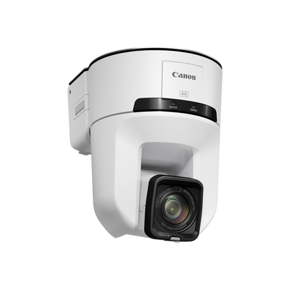 Canon 4K PTZ camera in white with a black lens housing, shown at a three-quarter angle on a solid white background.