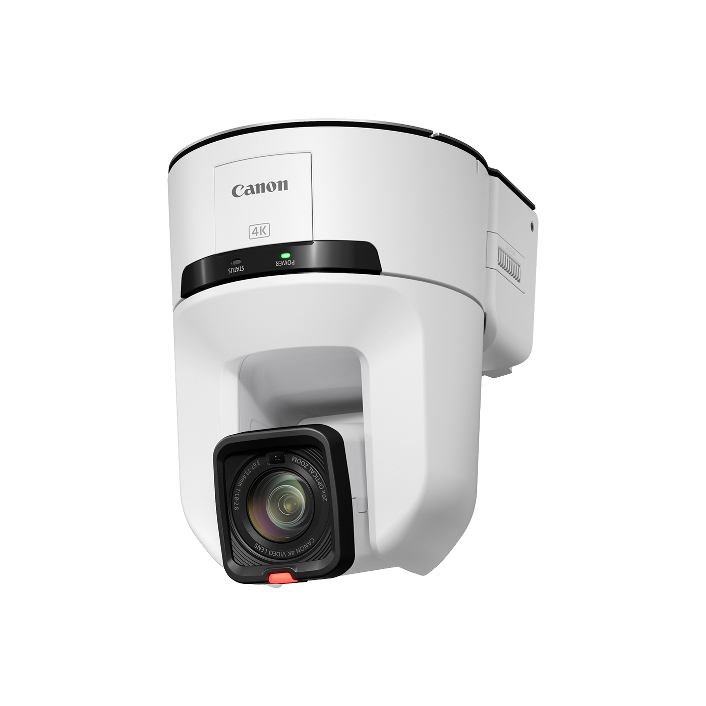 A Canon 4K PTZ camera with a white housing and a black lens housing, shown at a three-quarter angle on a solid white background.