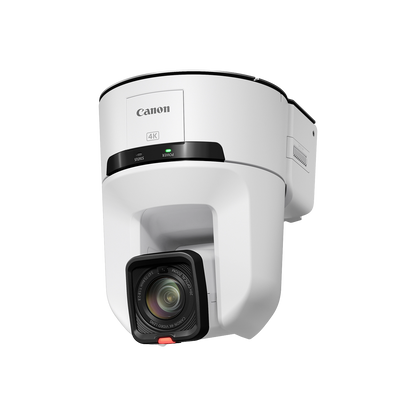 A Canon 4K PTZ camera with a white housing and a black lens housing, shown at a three-quarter angle on a solid white background.