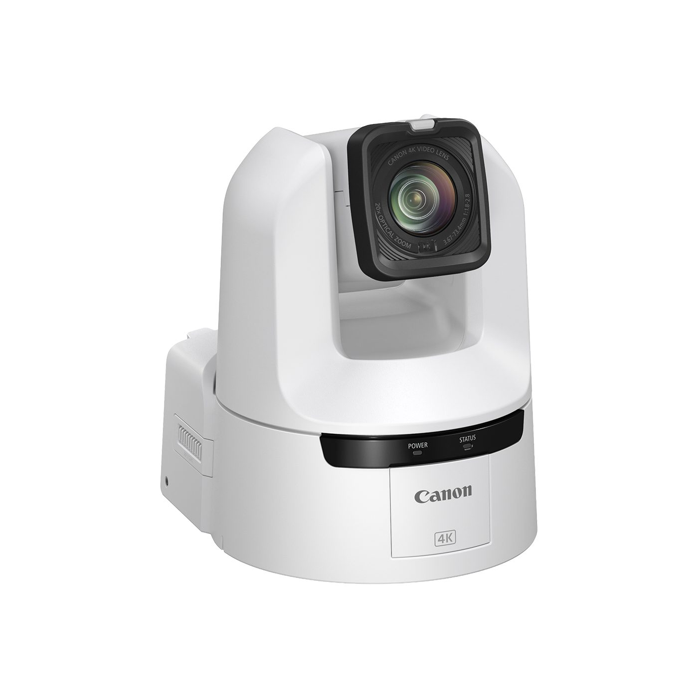 Canon 4K PTZ camera in white with a black lens housing, shown on a solid white background