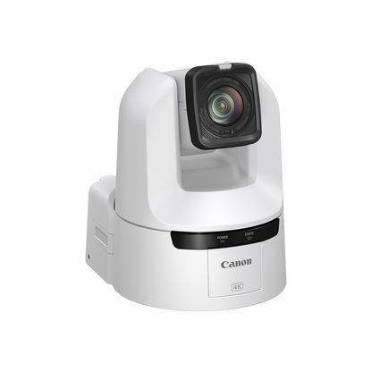 Canon 4K PTZ camera in white with a black lens housing, shown on a solid white background