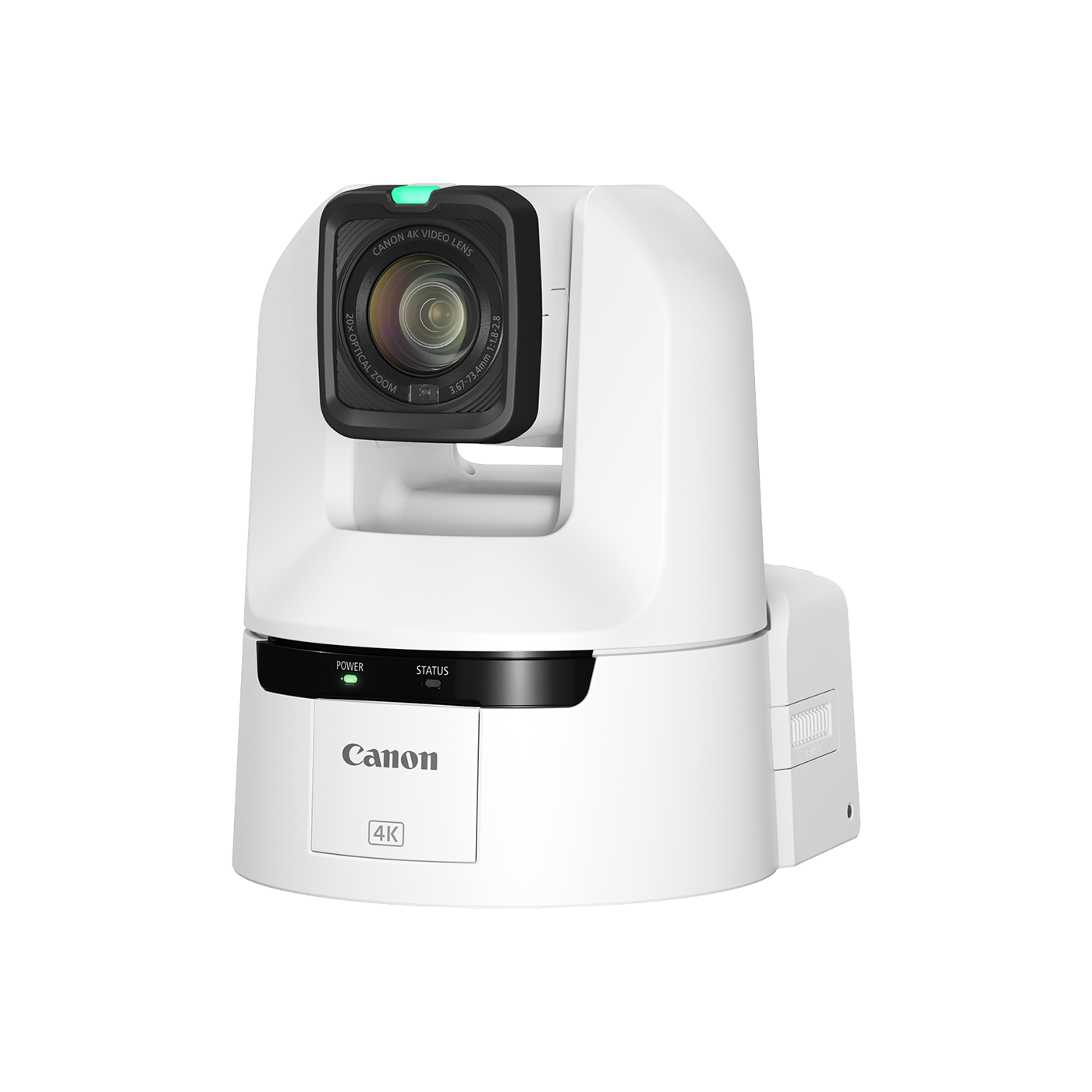 A Canon 4K video conference camera in white with a black lens housing and control panel, shown on a solid white background.