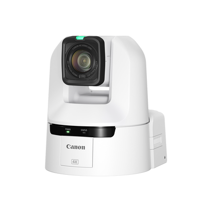A Canon 4K video conference camera in white with a black lens housing and control panel, shown on a solid white background.