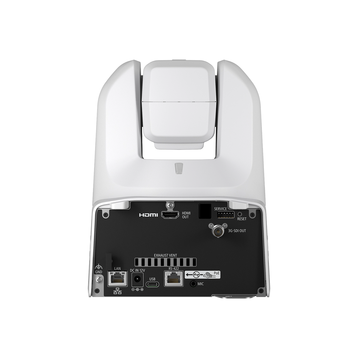 A white and black Canon 4K PTZ Camera camera receiver with various input and output ports on the back panel, shown against a solid white background.