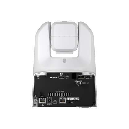 A white and black Canon 4K PTZ Camera camera receiver with various input and output ports on the back panel, shown against a solid white background.