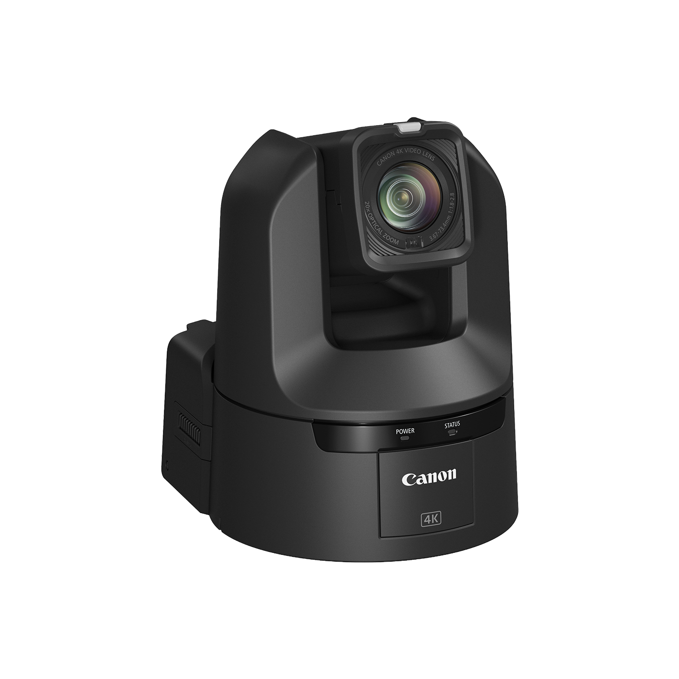 Canon 4K PTZ security camera in matte black, featuring a large lens on a swivel mount with visible power and zoom buttons on the front base, isolated on a white background.