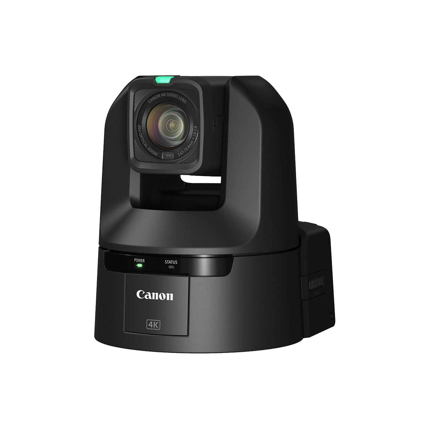 Canon 4K conference camera with a black rotating head and base, featuring a prominent front lens, green status indicator lights, and the Canon logo on the front.