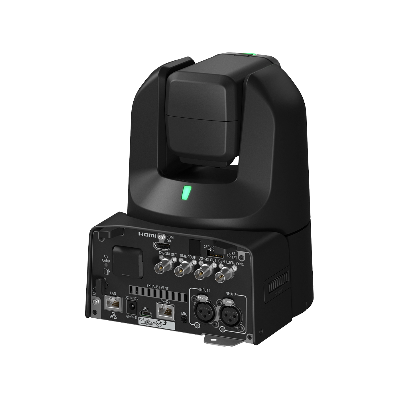 A black PTZ security camera on a matching black mounting base, shown from a three-quarter angle against a solid white background.