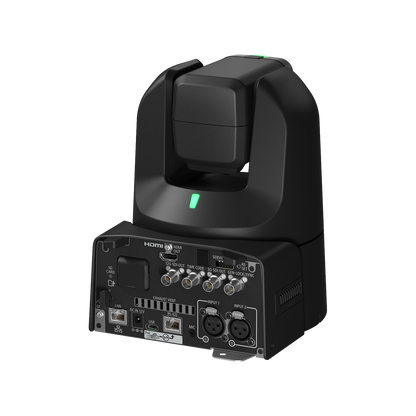 A black PTZ security camera on a matching black mounting base, shown from a three-quarter angle against a solid white background.