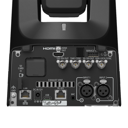 Close-up of the rear panel of a black audio device, showing multiple input and output connectors including HDMI, USB, LAN, RS-232, USB, DC 12V, MIC, and XLR inputs, on a white background.