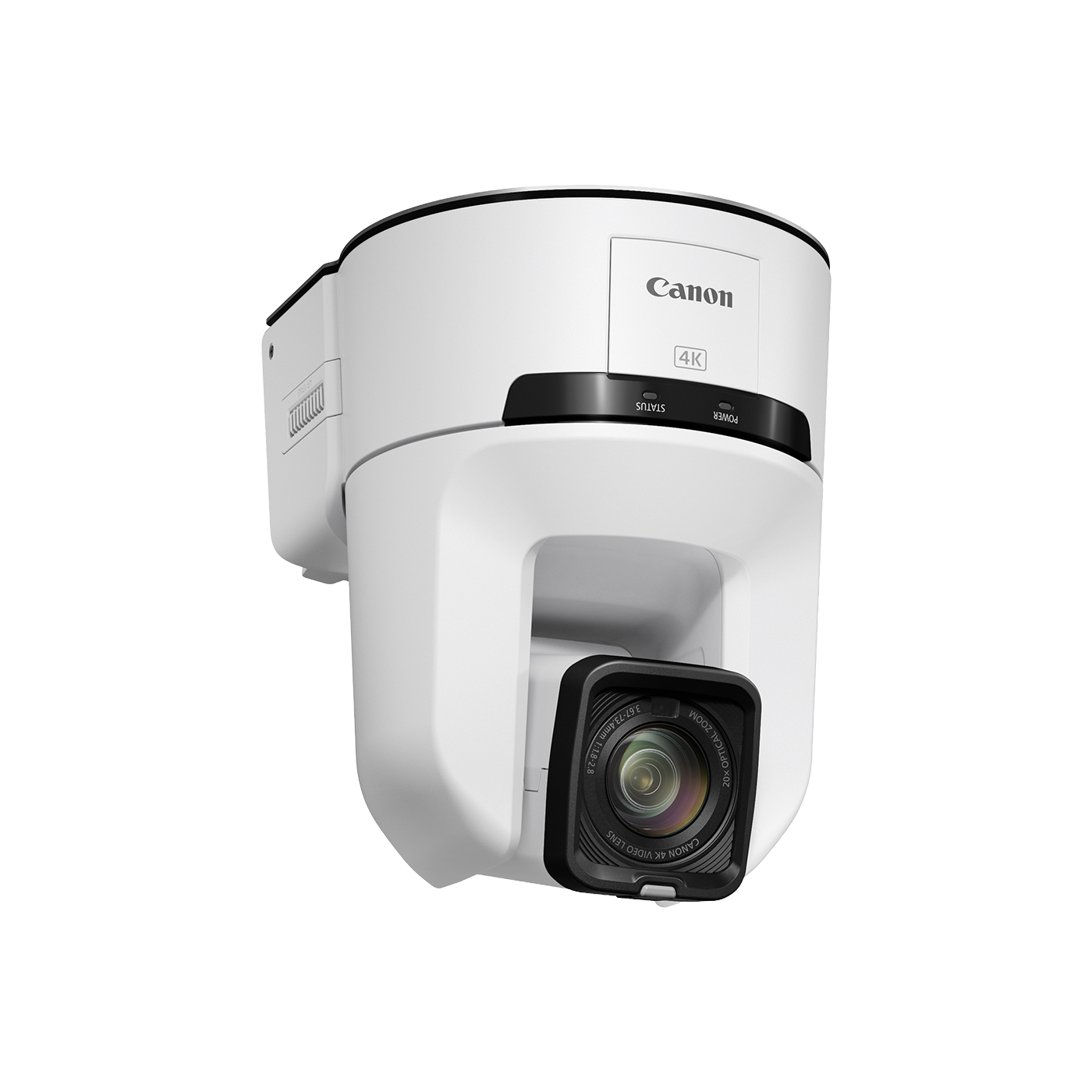 Canon 4K PTZ security camera in white with a black lens housing, shown at a three-quarter angle on a solid white background.
