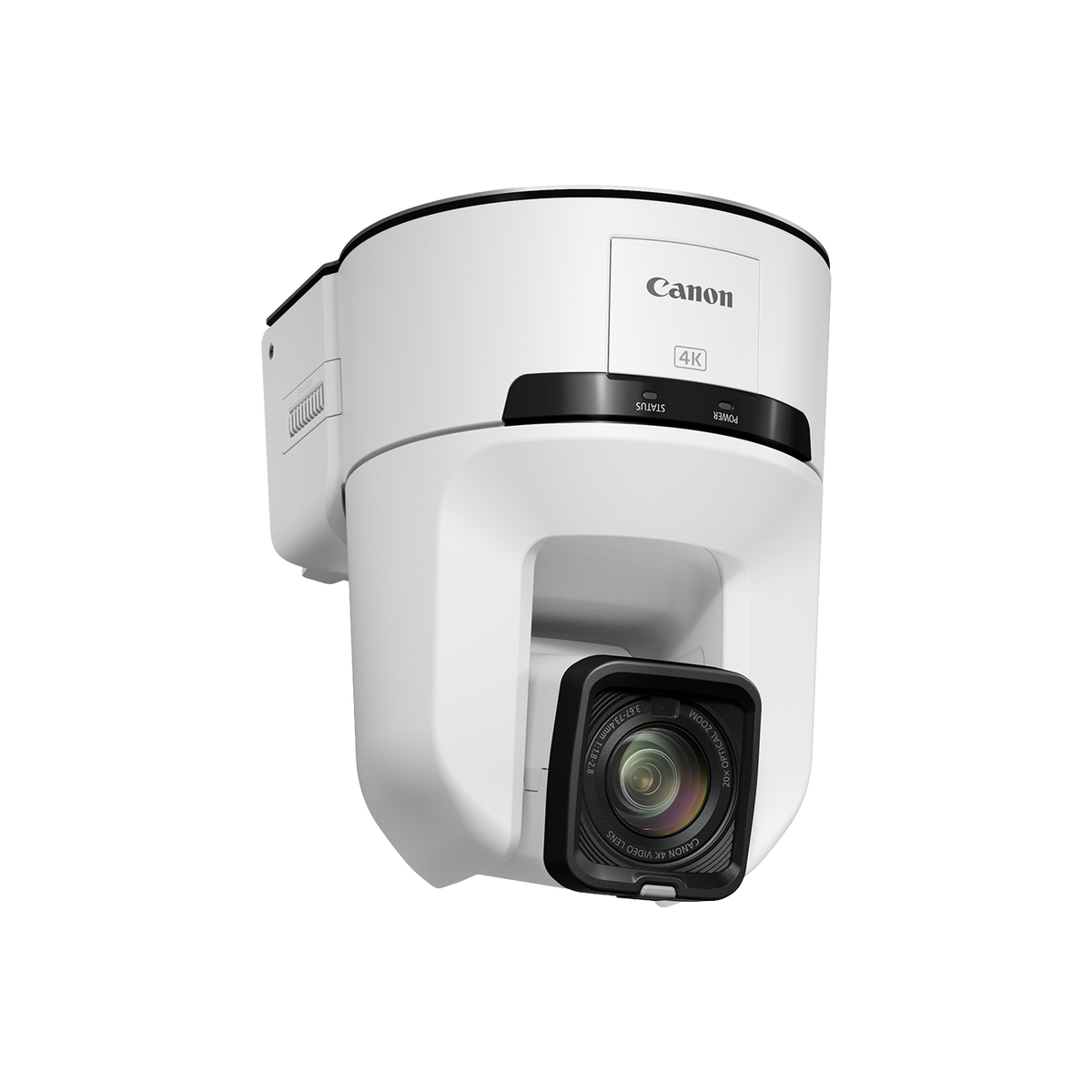 Canon 4K PTZ security camera in white with a black lens housing, shown at a three-quarter angle on a solid white background.