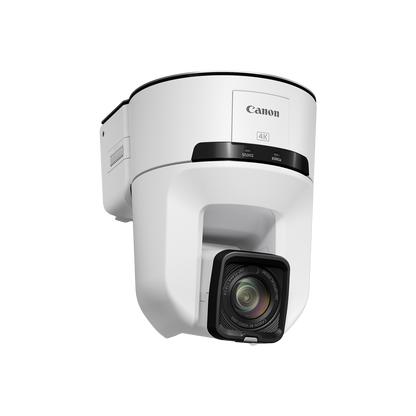 Canon 4K PTZ security camera in white with a black lens housing, shown at a three-quarter angle on a solid white background.