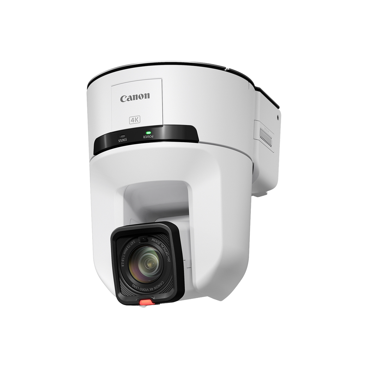 A Canon 4K security camera with a white housing, black lens housing, and a small red release button, shown at an angle on a plain white background.