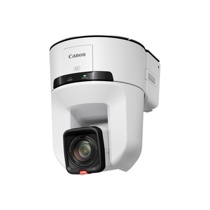 A Canon 4K security camera with a white housing, black lens housing, and a small red release button, shown at an angle on a plain white background.