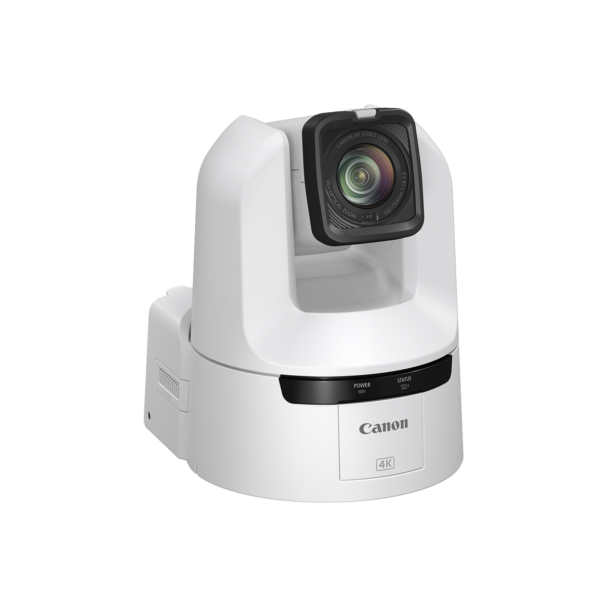 Canon 4K portable presentation camera in white with a black lens bezel, shown on a solid white background.