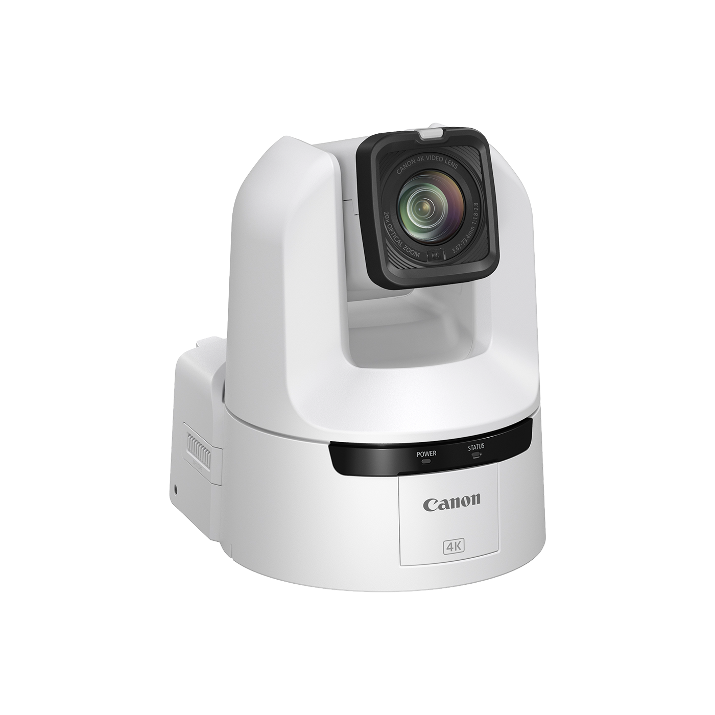 Canon 4K portable presentation camera in white with a black lens bezel, shown on a solid white background.