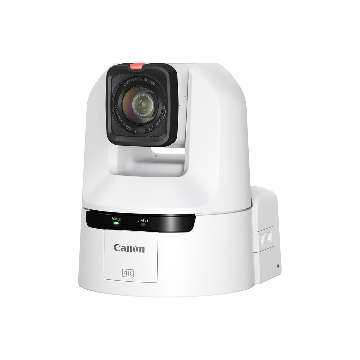 Canon 4K PTZ security camera in white with a black lens housing and front control panel, shown on a solid white background.