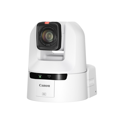 Canon 4K PTZ security camera in white with a black lens housing and front control panel, shown on a solid white background.