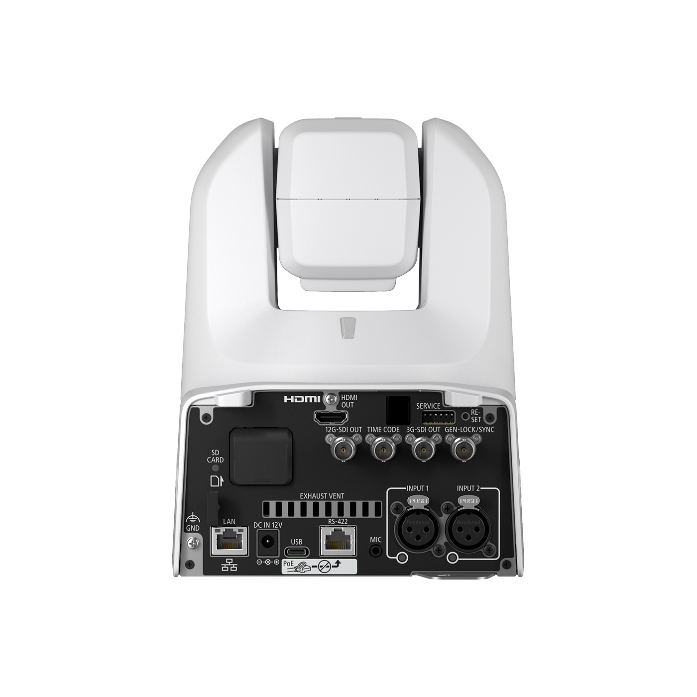 The rear view of a white and black HDMI camera or projector control unit, showing various ports, connectors, and switches on a solid white background.