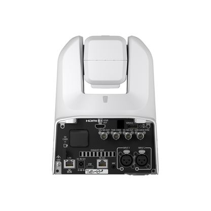 The rear view of a white and black HDMI camera or projector control unit, showing various ports, connectors, and switches on a solid white background.