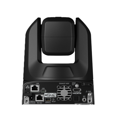 Black professional Canon CR-N100 PTZ Camera showing the rear panel with ports including LAN, USB, HDMI, GND, and MIC.