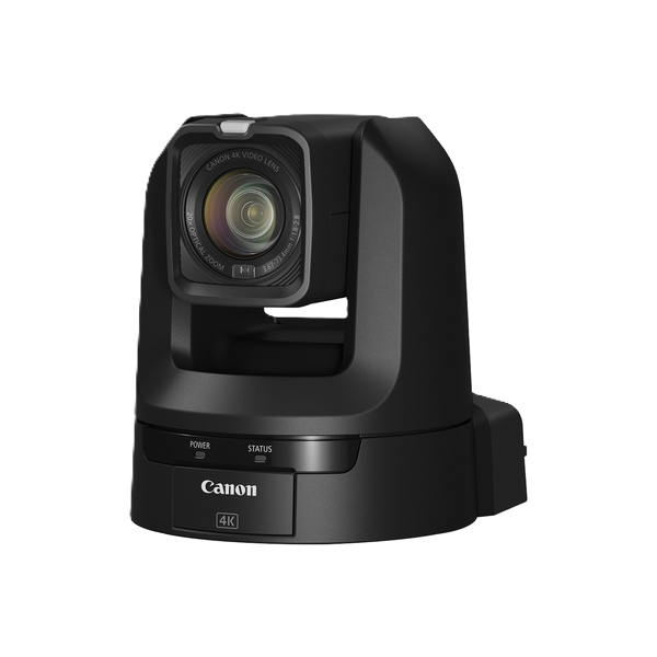 Canon 4K PTZ CR-N100 camera in matte black, featuring a large square lens with a clear glass element, a tilt, pan, and zoom head, and a base with status buttons, shown on a solid white background.