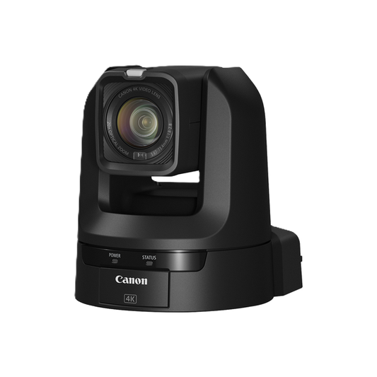 Canon 4K PTZ CR-N100 camera in matte black, featuring a large square lens with a clear glass element, a tilt, pan, and zoom head, and a base with status buttons, shown on a solid white background.