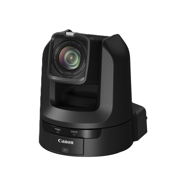 Canon CR-N100 PTZ camera with a black housing and adjustable eyepiece, shown on a solid white background.