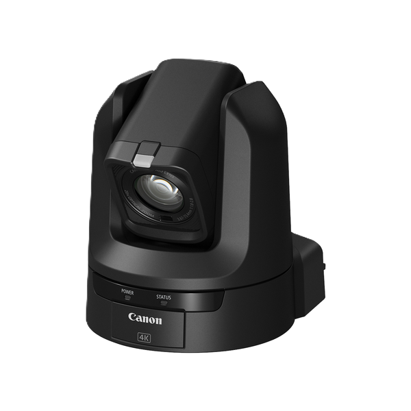 Canon 4K PTZ CR-N100 camera in matte black, shown from a three-quarters angle on a solid white background.