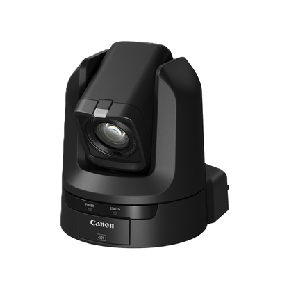 Canon 4K PTZ CR-N100 camera in matte black, shown from a three-quarters angle on a solid white background.