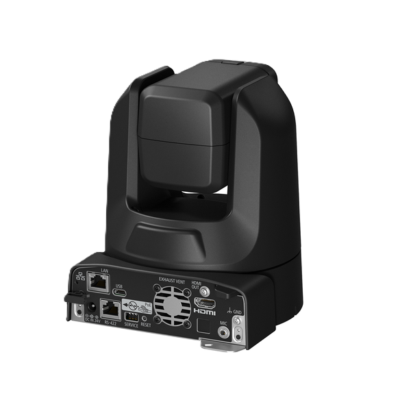 Canon CR-N100 PTZ Camera with a modular base showing various rear connection ports including Ethernet, USB, HDMI, and fan connectors, set against a plain white background.