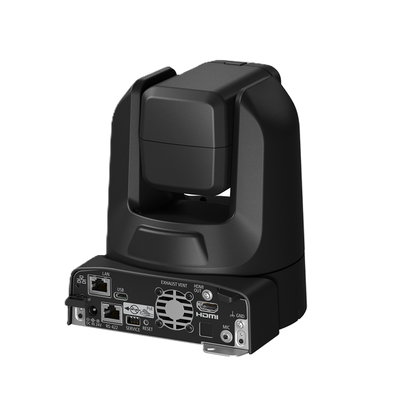 Canon CR-N100 PTZ Camera with a modular base showing various rear connection ports including Ethernet, USB, HDMI, and fan connectors, set against a plain white background.