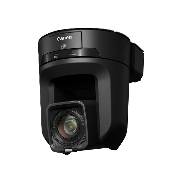 Canon CR-N100 PTZ Camera 4K security camera in black, featuring a front-facing lens and a side mounting bracket, shown on a solid white background.