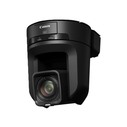 Canon CR-N100 PTZ Camera 4K security camera in black, featuring a front-facing lens and a side mounting bracket, shown on a solid white background.