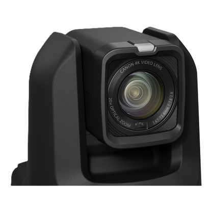 A Canon 4K CR-N100 PTZ Camera video camera with an attached lens, shown in a clean studio shot against a solid white background.
