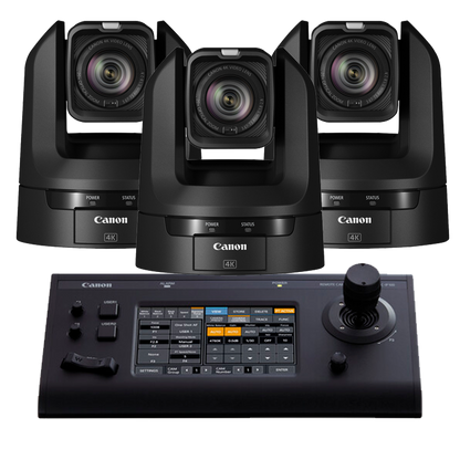 Three Canon video cameras and a control panel on a white background