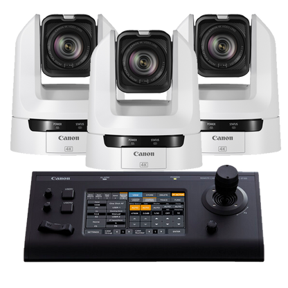 Canon 3x CR-N100 PTZ Cameras (White) and 1x RC-IP100 Controller Bundle