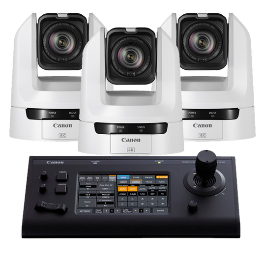 Canon 3x CR-N100 PTZ Cameras (WHITE) and 1x RC-IP100 Controller Bundle
