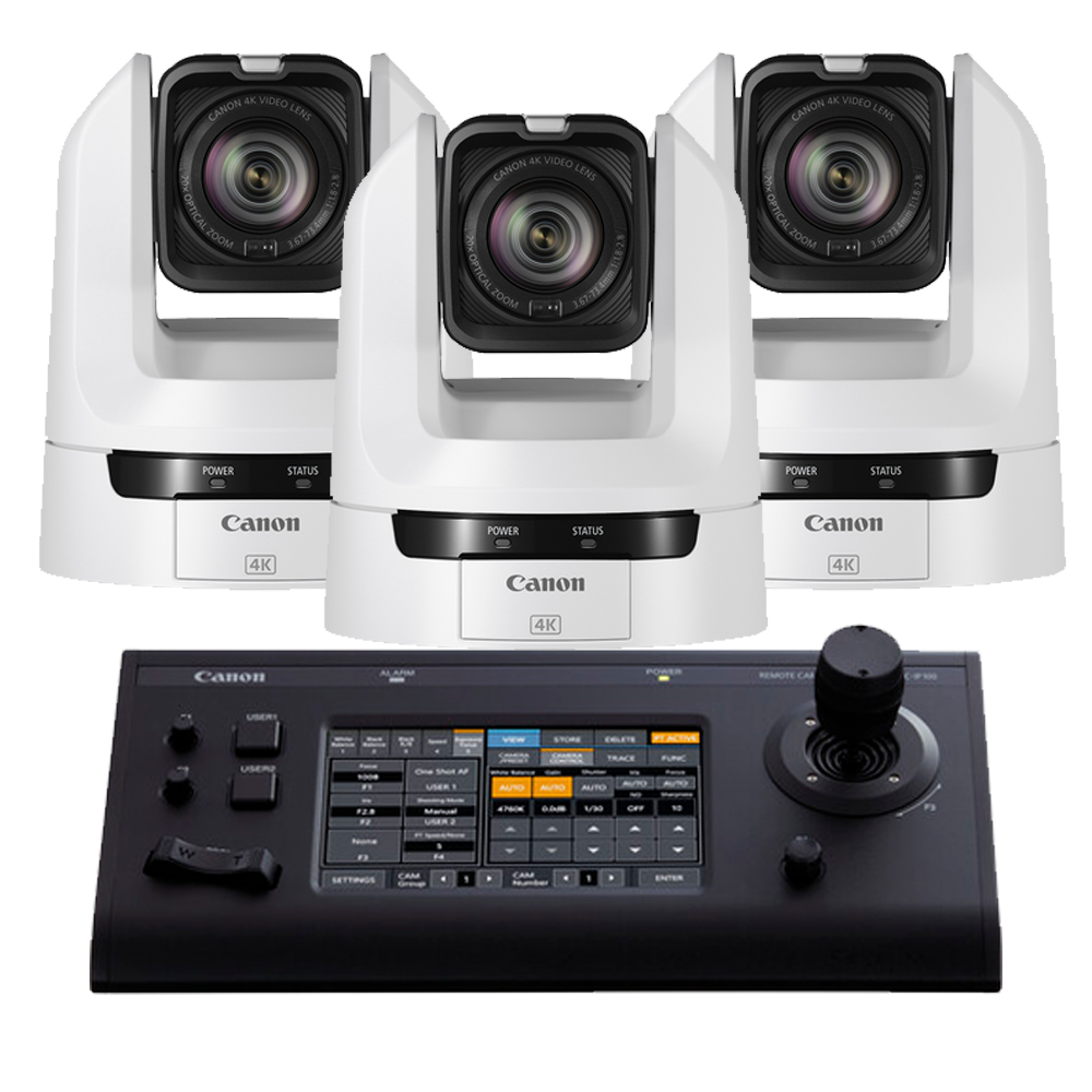 Canon 3x CR-N100 PTZ Cameras (WHITE) and 1x RC-IP100 Controller Bundle