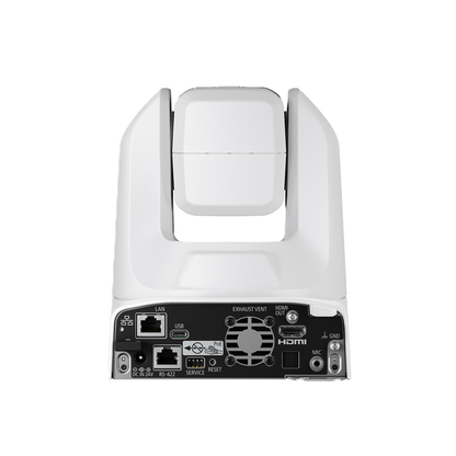 CR-N100 PTZ security camera with a rotating head and a bottom control panel showing various ports and connectors.