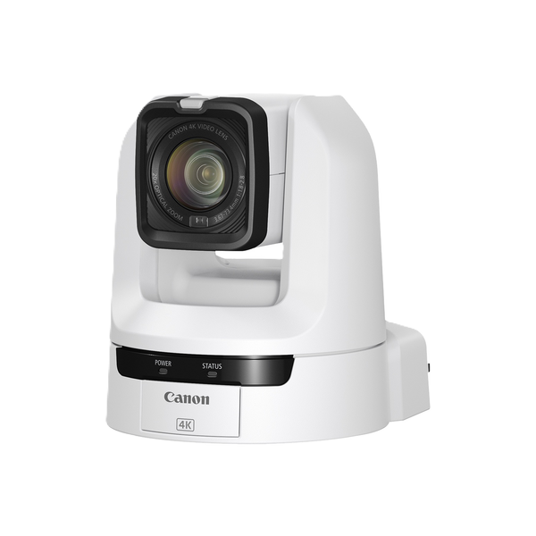 Canon 4K PTZ security camera in white with a black lens housing, shown on a solid white background.