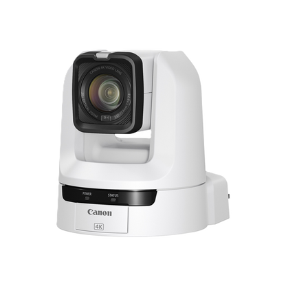 Canon 4K PTZ security camera in white with a black lens housing, shown on a solid white background.