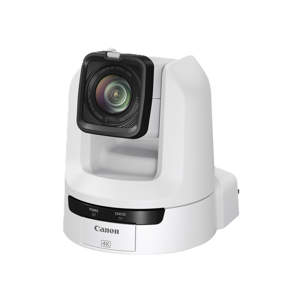 A Canon 4K security camera with a white housing, black lens cover, and front control buttons, shown on a solid white background.