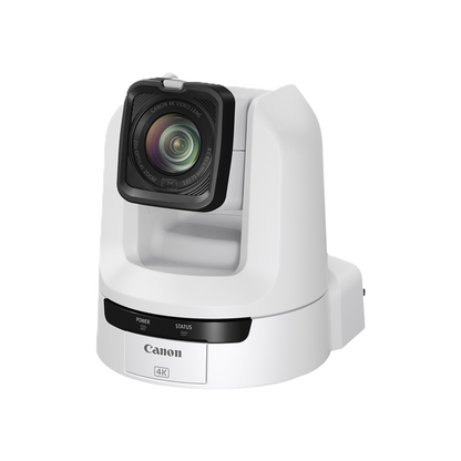 A Canon 4K security camera with a white housing, black lens cover, and front control buttons, shown on a solid white background.