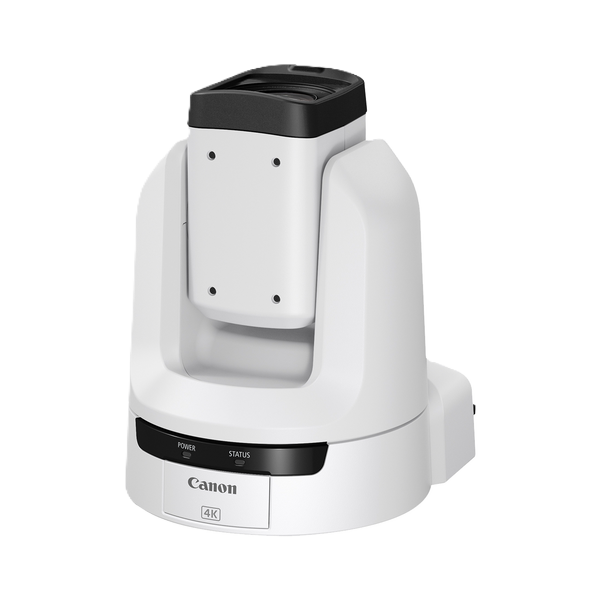 A Canon 4K PTZ security camera with a white body and black accents, shown from a three-quarters angle on a solid white background.