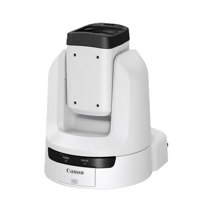 A Canon 4K PTZ security camera with a white body and black accents, shown from a three-quarters angle on a solid white background.