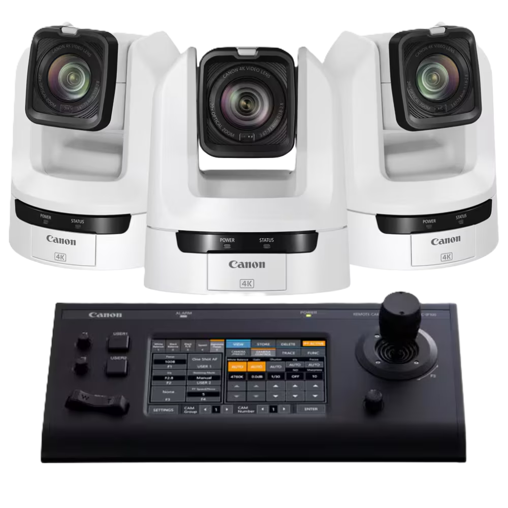 Canon 3x CR-N300 PTZ Cameras (White) and 1x RC-IP100 Controller Bundle
