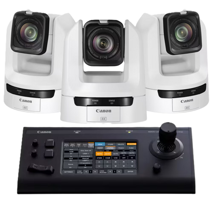 Canon 3x CR-N300 PTZ Cameras (White) and 1x RC-IP100 Controller Bundle