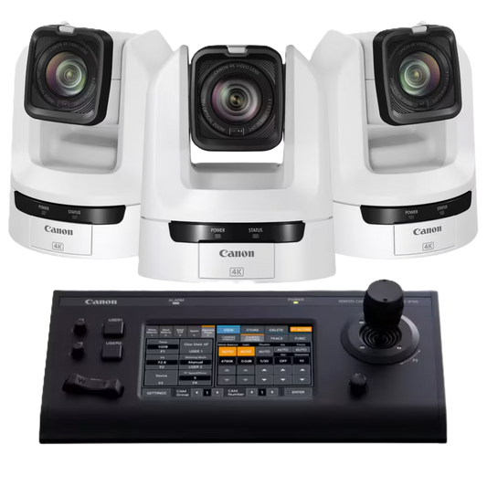 Canon 3x CR-N300 PTZ Cameras (White) and 1x RC-IP100 Controller Bundle